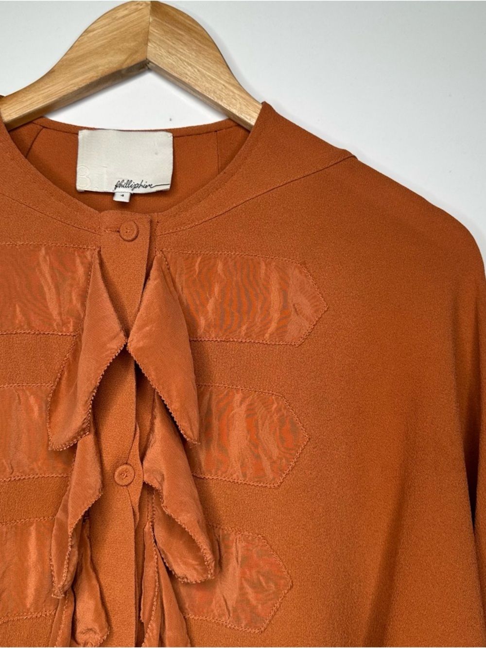 3.1 Phillip Lim Burnt Orange 100% Silk Ruffle Front Blouse Size 4 - Picture 2 of 8